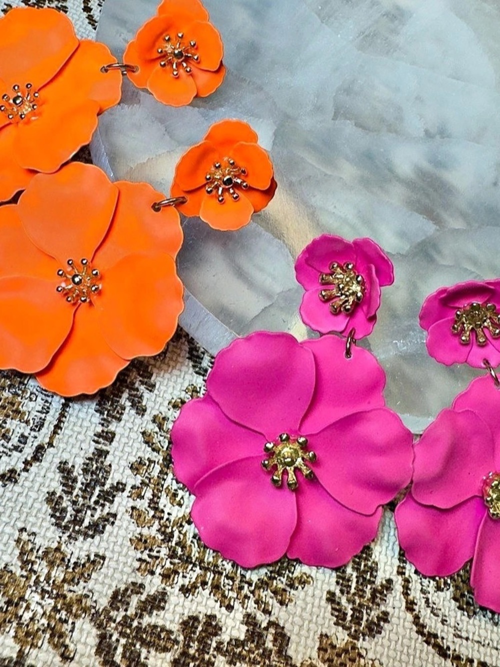 Floral Statement Earrings in Orange & Pink Like New 2 pairs pierced 12.00